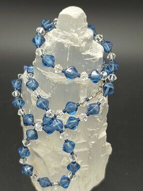 Vintage Exquisite Blue & Clear Faceted Glass Bead 925 Silver Clasp Necklace